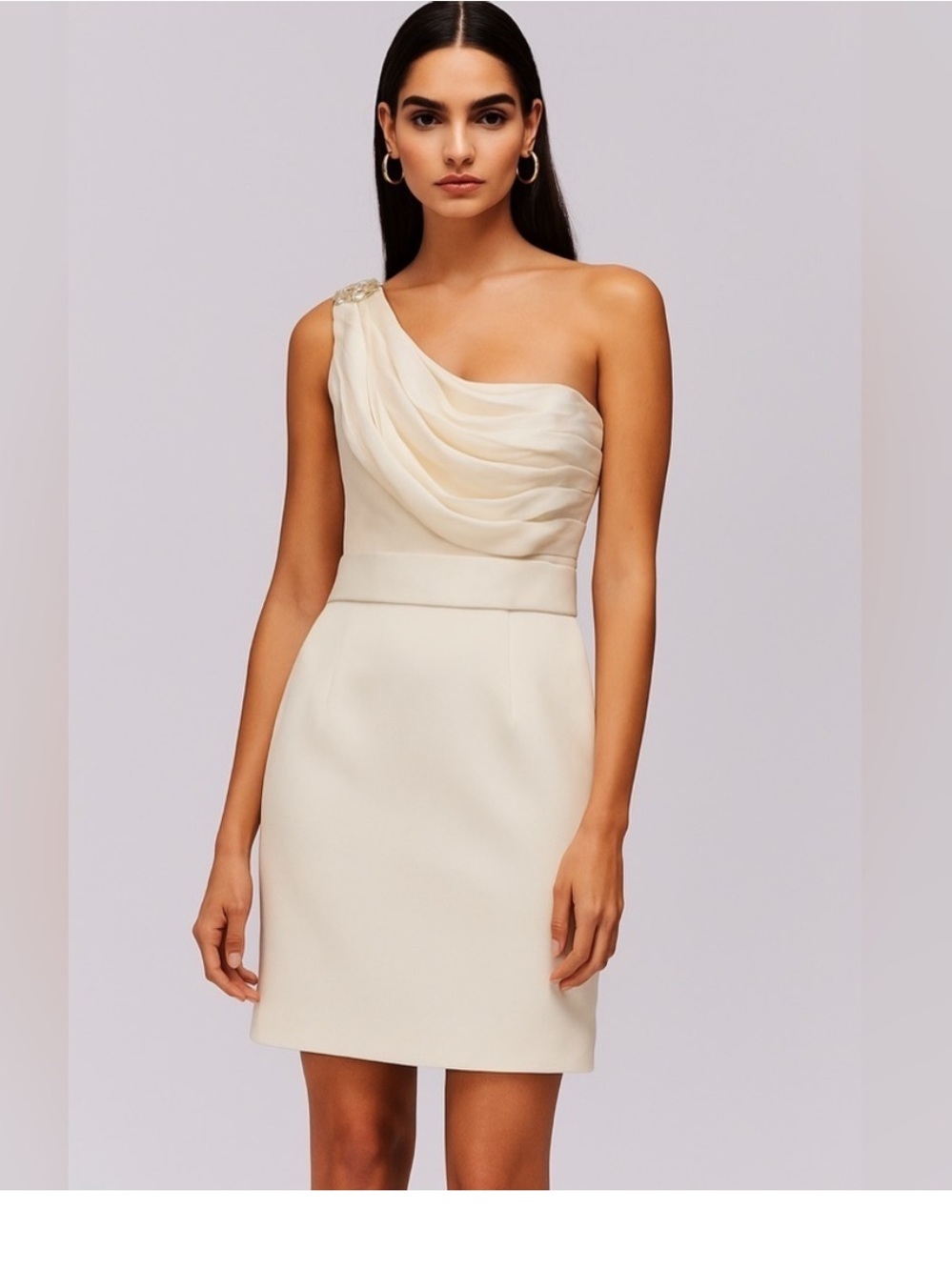 Marchesa One-Shoulder Cream Cocktail Dress with Draped Bodice new without tags